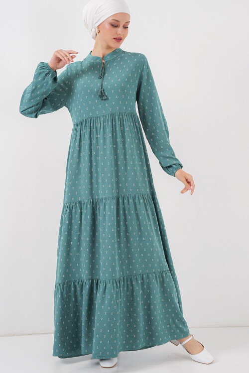 Merterium 1627 Yaka Bağcıklı Tesettür Elbise - Mint