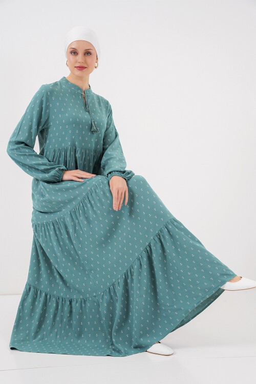 Merterium 1627 Yaka Bağcıklı Tesettür Elbise - Mint