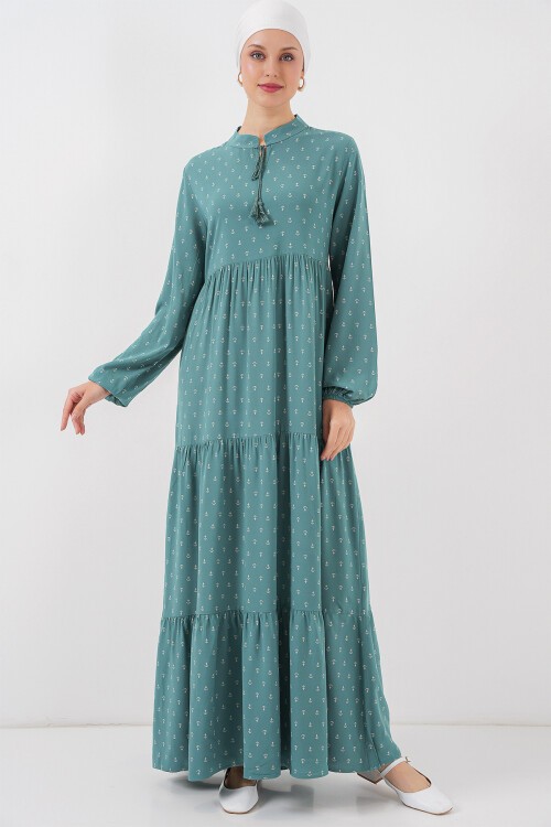 Merterium 1627 Yaka Bağcıklı Tesettür Elbise - Mint