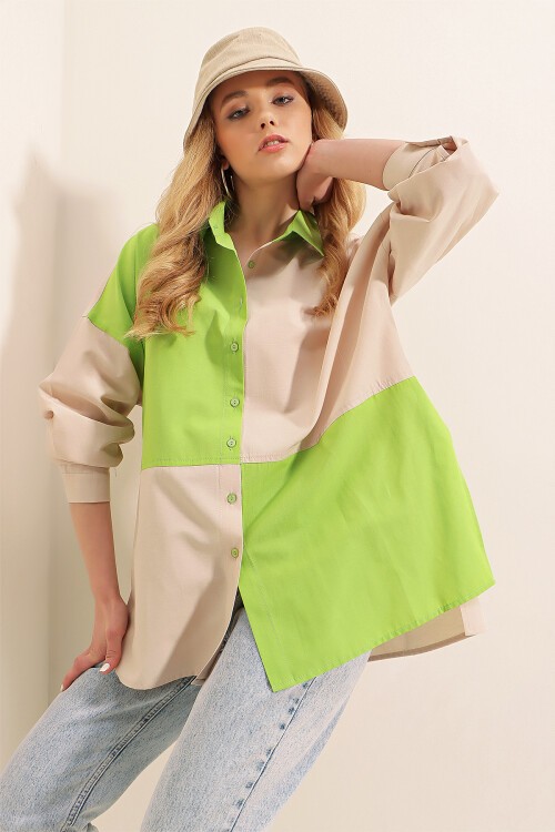 Merterium 20117 Blok Renkli Oversize Gömlek - E.Yeşil