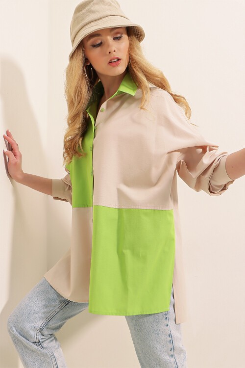 Merterium 20117 Blok Renkli Oversize Gömlek - E.Yeşil