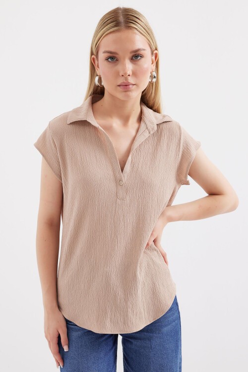 Merterium 20123 Polo Yaka Örme Bluz - Bej