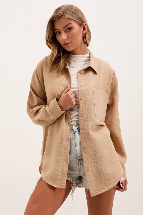 Merterium 20153 Tek Cepli Oversize Keten Gömlek - A.Bej