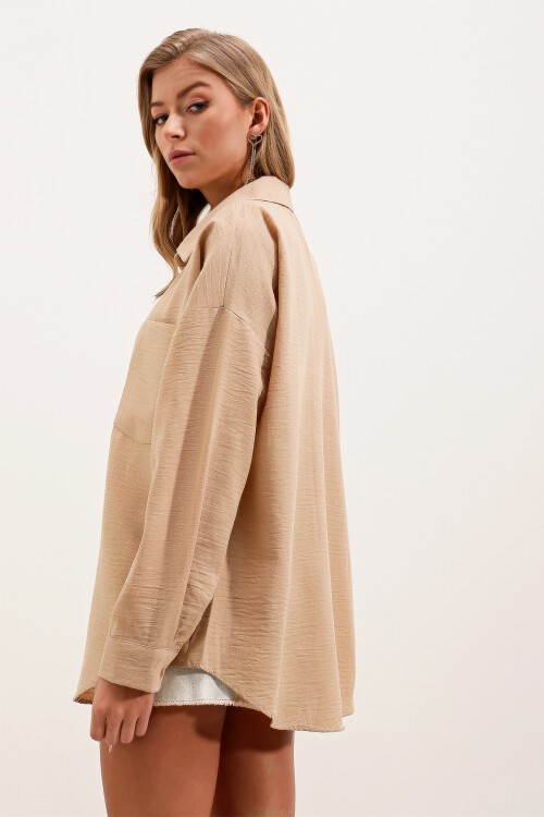 Merterium 20153 Tek Cepli Oversize Keten Gömlek - A.Bej