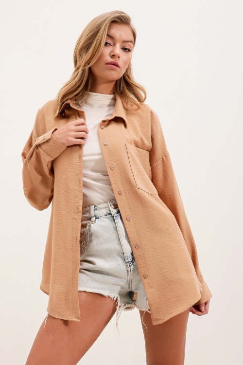 Merterium 20153 Tek Cepli Oversize Keten Gömlek - Bisküvi