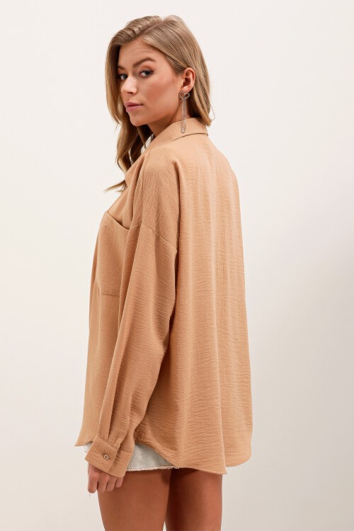 Merterium 20153 Tek Cepli Oversize Keten Gömlek - Bisküvi