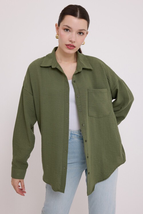 Merterium 20153 Tek Cepli Oversize Keten Gömlek - Haki