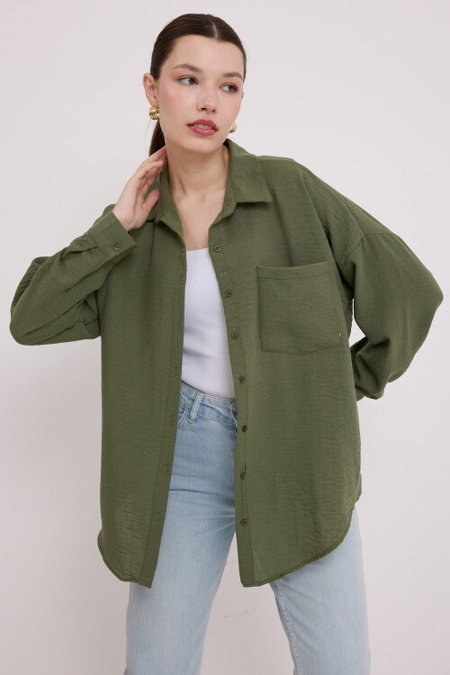 Merterium 20153 Tek Cepli Oversize Keten Gömlek - Haki