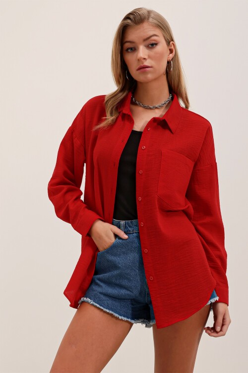 Merterium 20153 Tek Cepli Oversize Keten Gömlek - Kırmızı