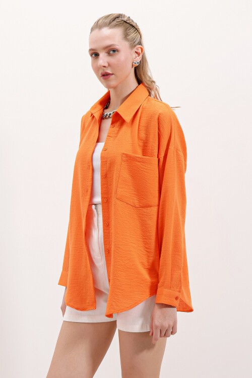 Merterium 20153 Tek Cepli Oversize Keten Gömlek - Oranje