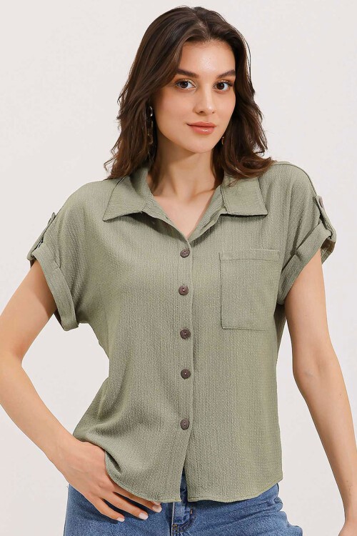 Merterium 20187 Kısa Kol Oversize Örme Gömlek - Çağla