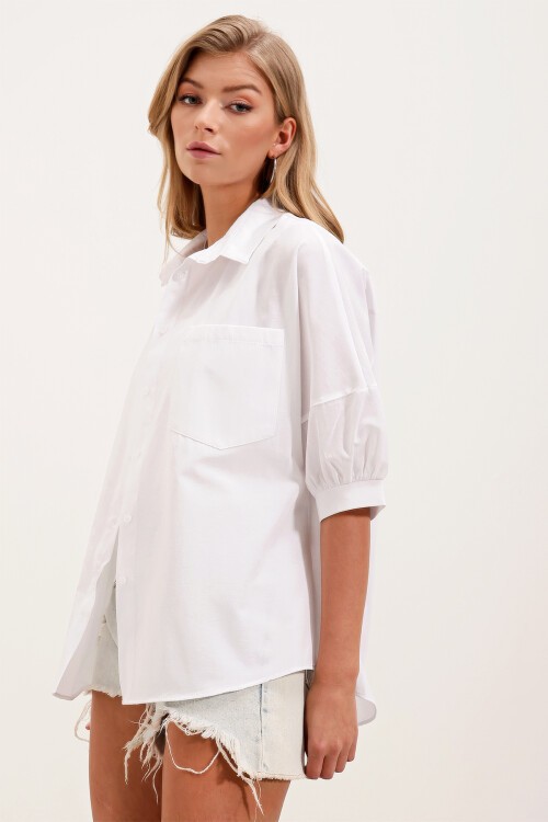 Merterium 20213 Oversize Kısa Kol Basic Gömlek - Beyaz
