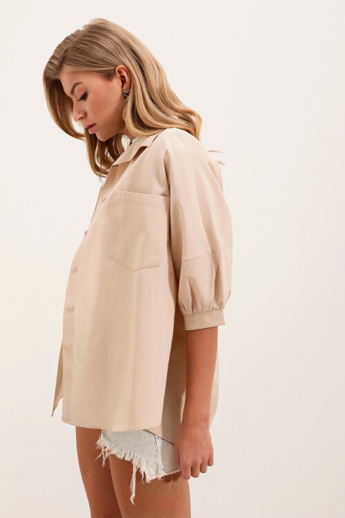 Merterium 20213 Oversize Kısa Kol Basic Gömlek - Krem