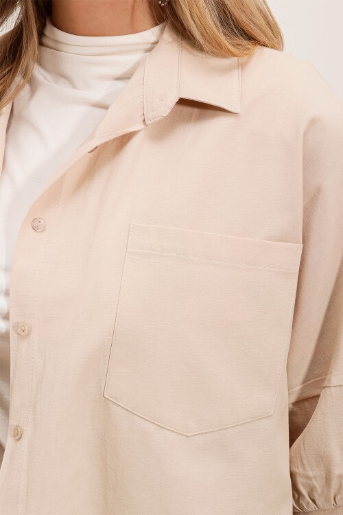 Merterium 20213 Oversize Kısa Kol Basic Gömlek - Krem