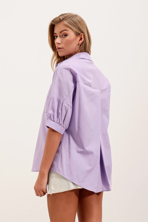 Merterium 20213 Oversize Kısa Kol Basic Gömlek - Lila