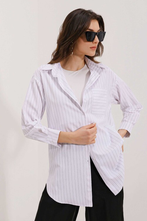 Merterium 20217 Cep Detaylı Çizgili Oversize Gömlek - Beyaz