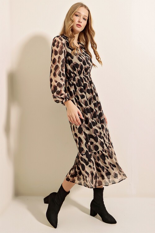 Merterium 2137 Desenli Şifon Elbise - F.Bej