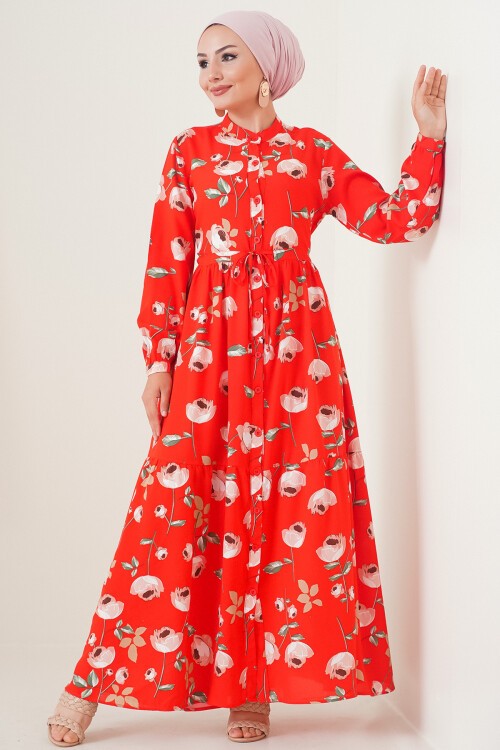 Merterium 2144 Hakim Yaka Tesettür Elbise - C.Kırmızı