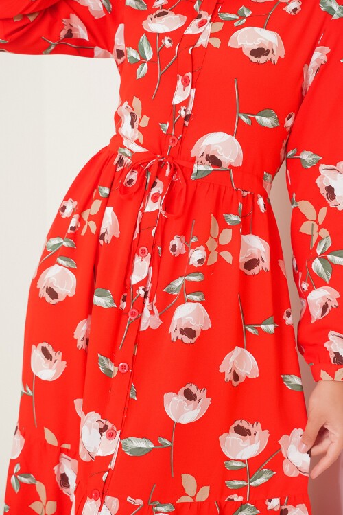 Merterium 2144 Hakim Yaka Tesettür Elbise - C.Kırmızı