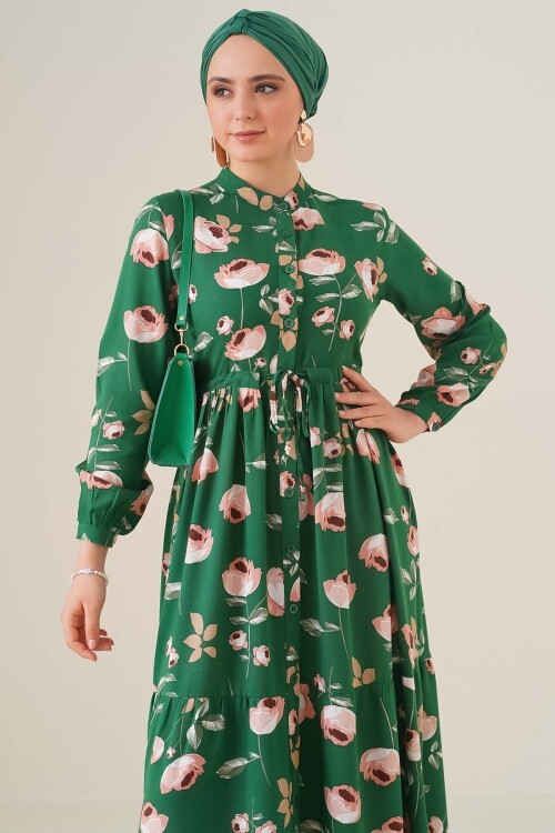 Merterium 2144 Hakim Yaka Tesettür Elbise - C.Yeşil