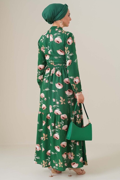 Merterium 2144 Hakim Yaka Tesettür Elbise - C.Yeşil