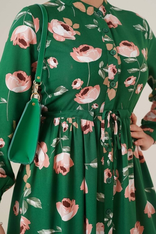 Merterium 2144 Hakim Yaka Tesettür Elbise - C.Yeşil