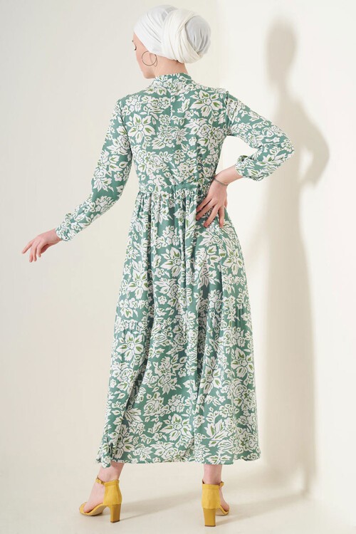 Merterium 2144 Hakim Yaka Tesettür Elbise - Çağla