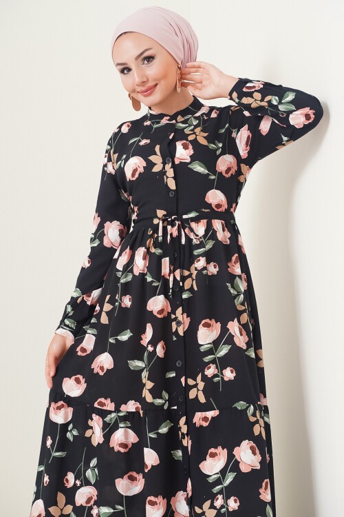 Merterium 2144 Hakim Yaka Tesettür Elbise - E.Siyah