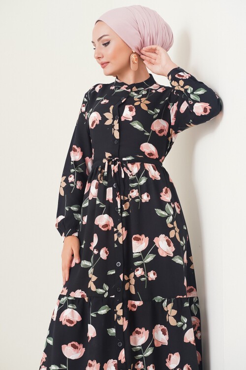 Merterium 2144 Hakim Yaka Tesettür Elbise - E.Siyah