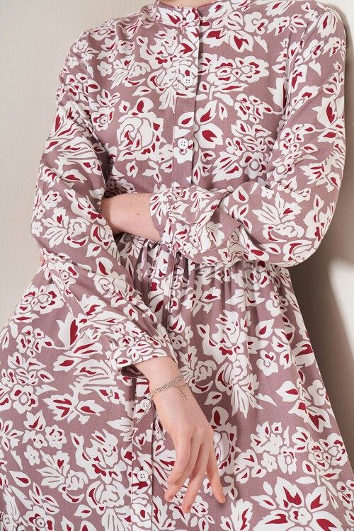 Merterium 2144 Hakim Yaka Tesettür Elbise - Gül Kurusu