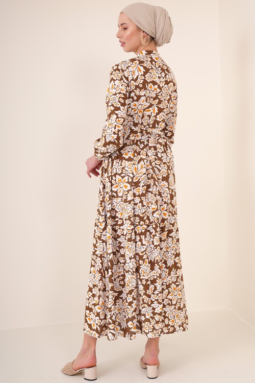 Merterium 2144 Hakim Yaka Tesettür Elbise - Kahverengi