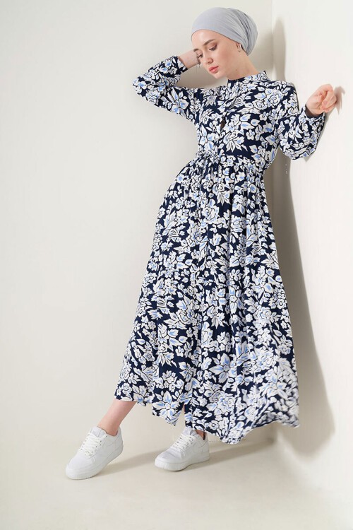 Merterium 2144 Hakim Yaka Tesettür Elbise - Lacivert