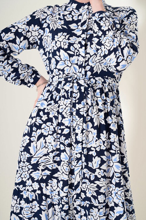 Merterium 2144 Hakim Yaka Tesettür Elbise - Lacivert