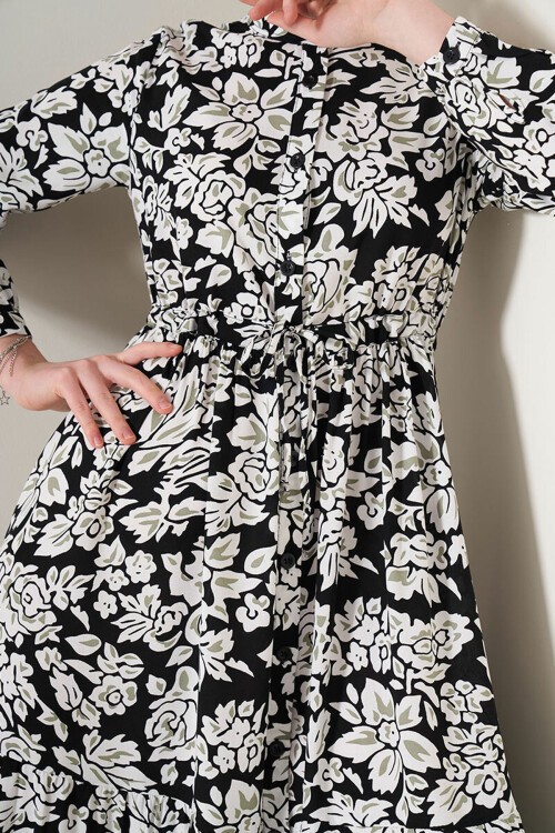 Merterium 2144 Hakim Yaka Tesettür Elbise - Siyah