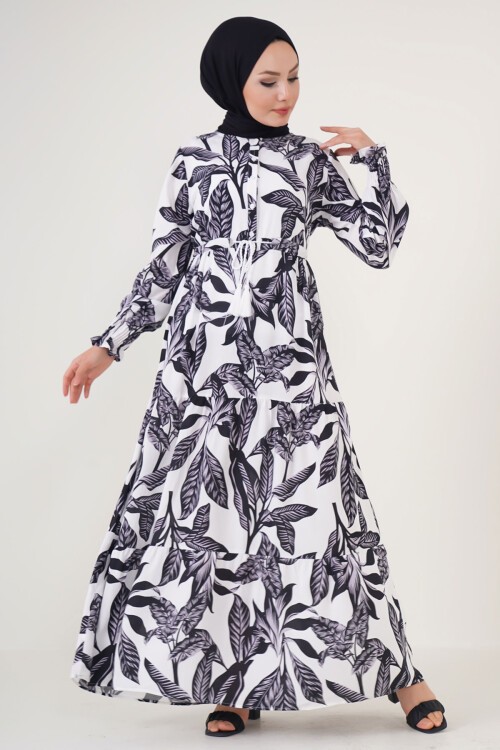 Merterium 2145 Desenli Tesettür Elbise - Beyaz