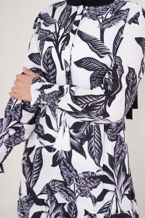 Merterium 2145 Desenli Tesettür Elbise - Beyaz