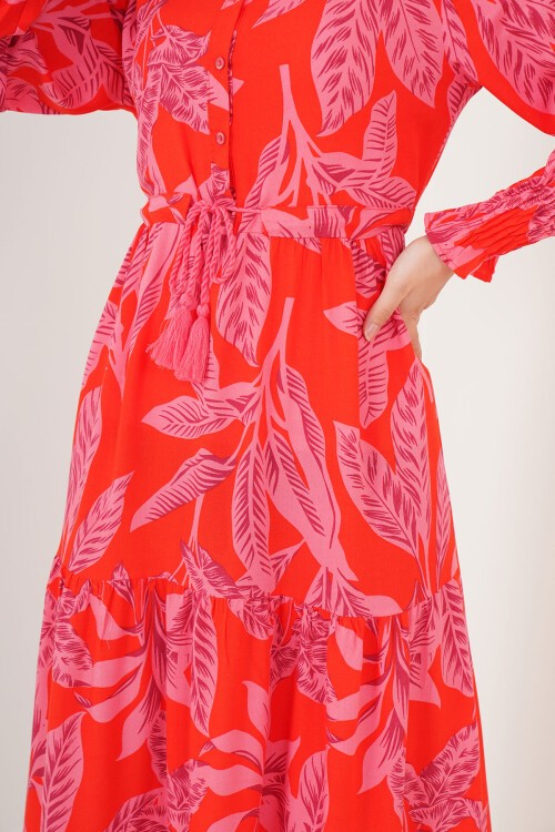 Merterium 2145 Desenli Tesettür Elbise - Kırmızı