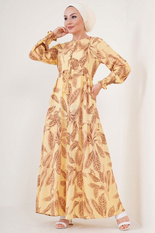 Merterium 2145 Desenli Tesettür Elbise - Sarı
