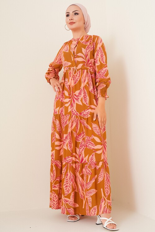 Merterium 2145 Desenli Tesettür Elbise - Taba
