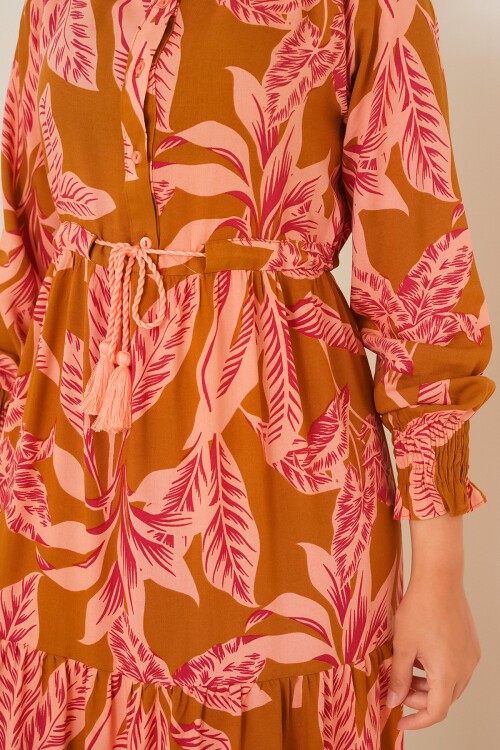 Merterium 2145 Desenli Tesettür Elbise - Taba