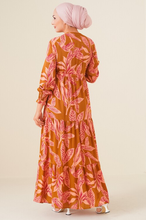 Merterium 2145 Desenli Tesettür Elbise - Taba