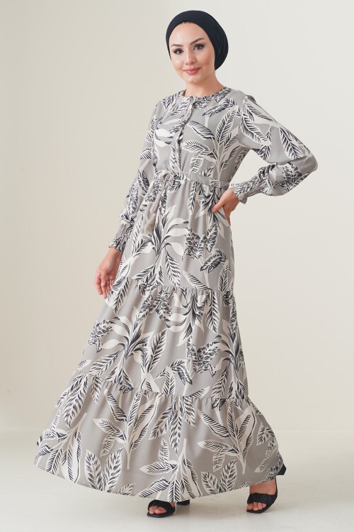 Merterium 2145 Desenli Tesettür Elbise - Taş
