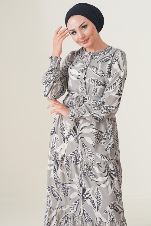 Merterium 2145 Desenli Tesettür Elbise - Taş