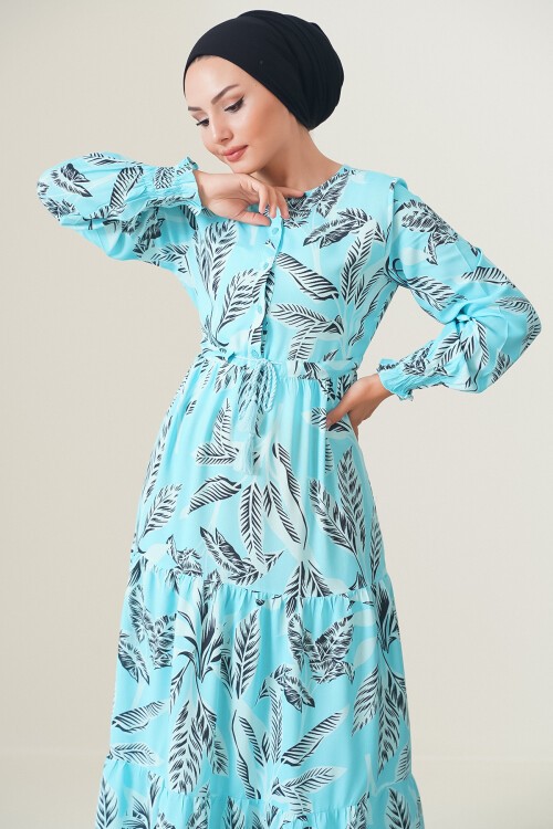 Merterium 2145 Desenli Tesettür Elbise - Turkuaz