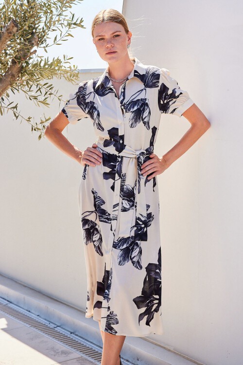 Merterium 2213 Kısa Kol Viskon Elbise - Ekru