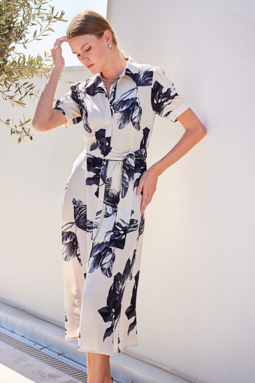 Merterium 2213 Kısa Kol Viskon Elbise - Ekru