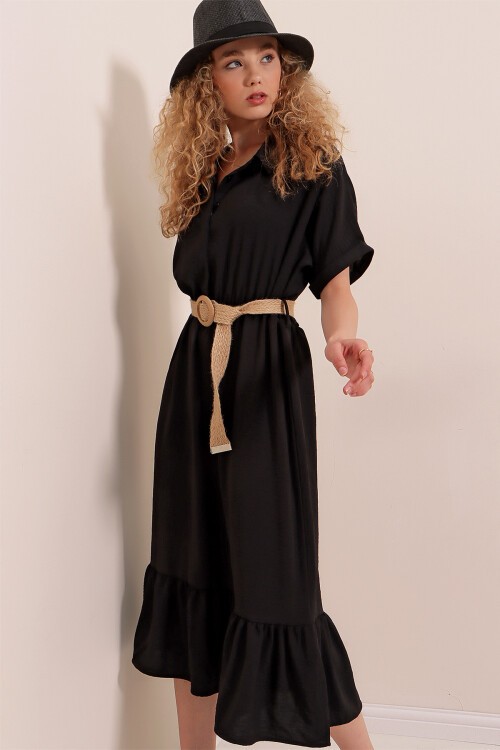 Merterium 2292 Kemerli Elbise - Siyah