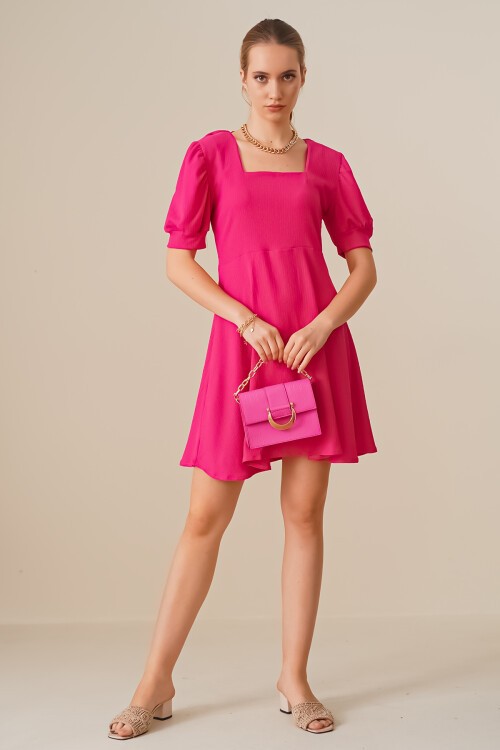 Merterium 2339 Kare Yaka Örme Elbise - Fuşya