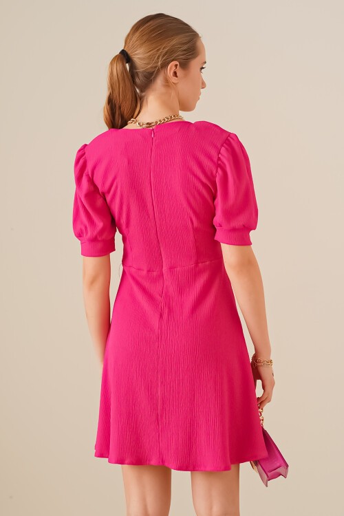 Merterium 2339 Kare Yaka Örme Elbise - Fuşya