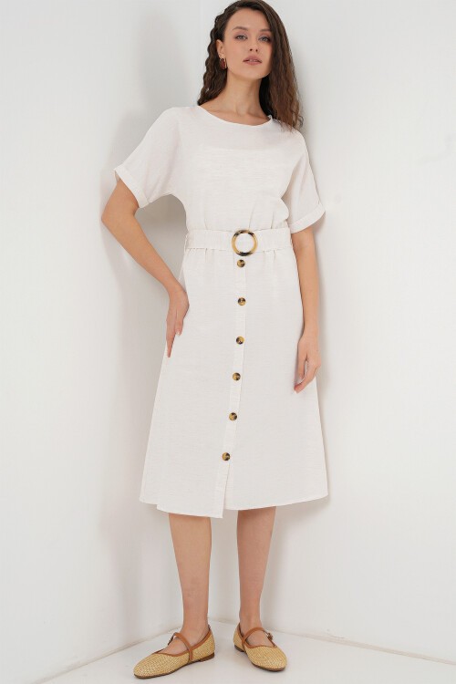 Merterium 2389 Kemerli Keten Elbise - Ekru